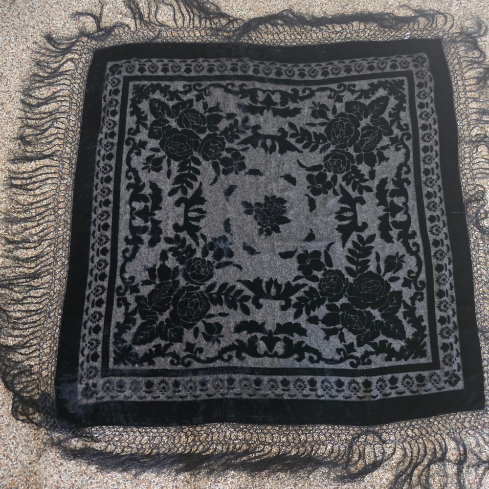 XXist Black Burnout Velvet Silk Blend Floral Fringe Square Shawl Scarf Wrap